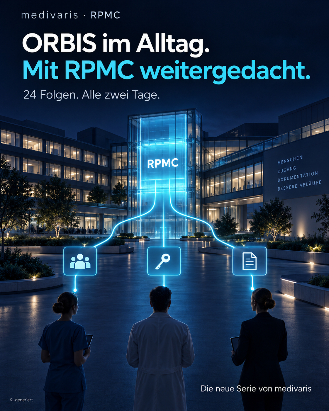 KI-Konzeptmotiv: Aus ungeordneten Unterlagen führen klare cyanfarbene Wege zu einem Krankenhausmodell.