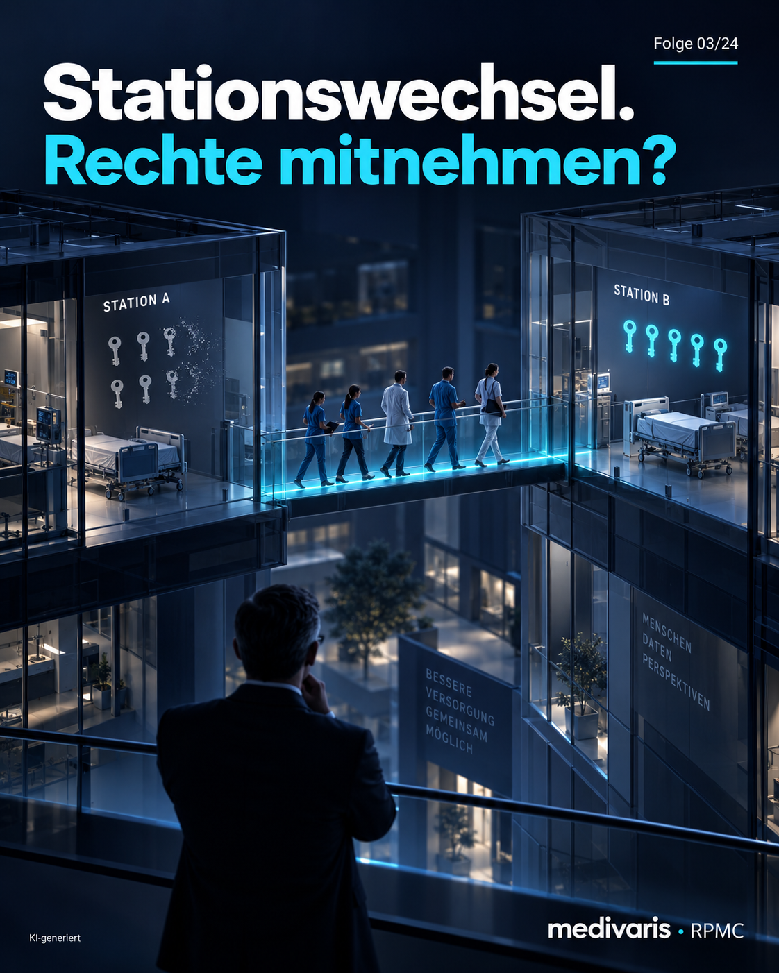 KI-Konzeptmotiv: Eine Gruppe geht über eine beleuchtete Brücke von Station A zu Station B; an beiden Seiten hängen Schlüssel für die jeweiligen Rechte.